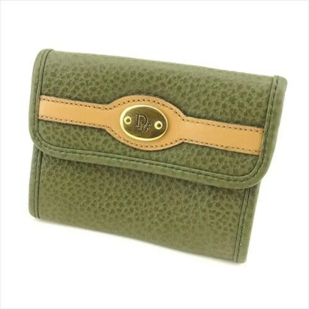 Dior Coin Purse Green Beige Gold leather Woman unisex Authentic Used T9388